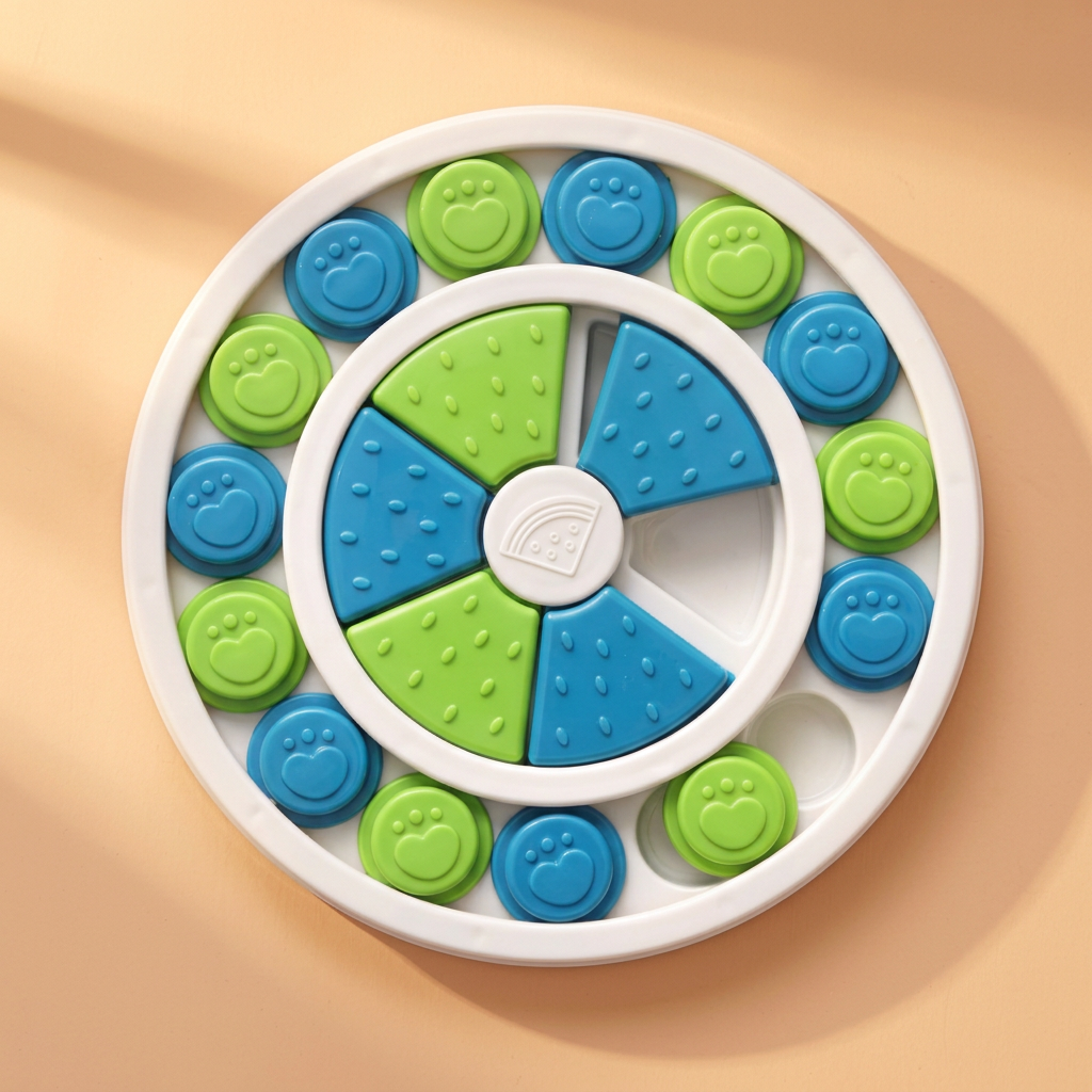 Blue and green circular puzzle on warm peach background