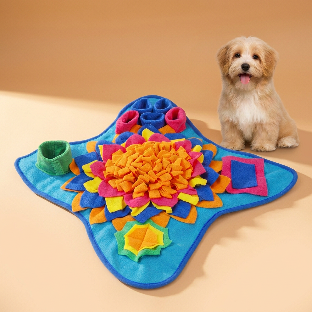 Blue snuffle pad with puppy on warm peach background