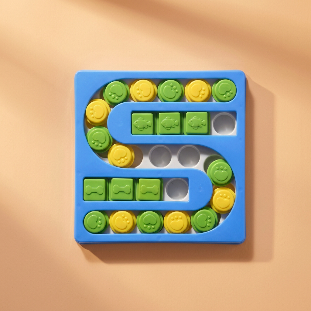 Blue square puzzle on warm peach background