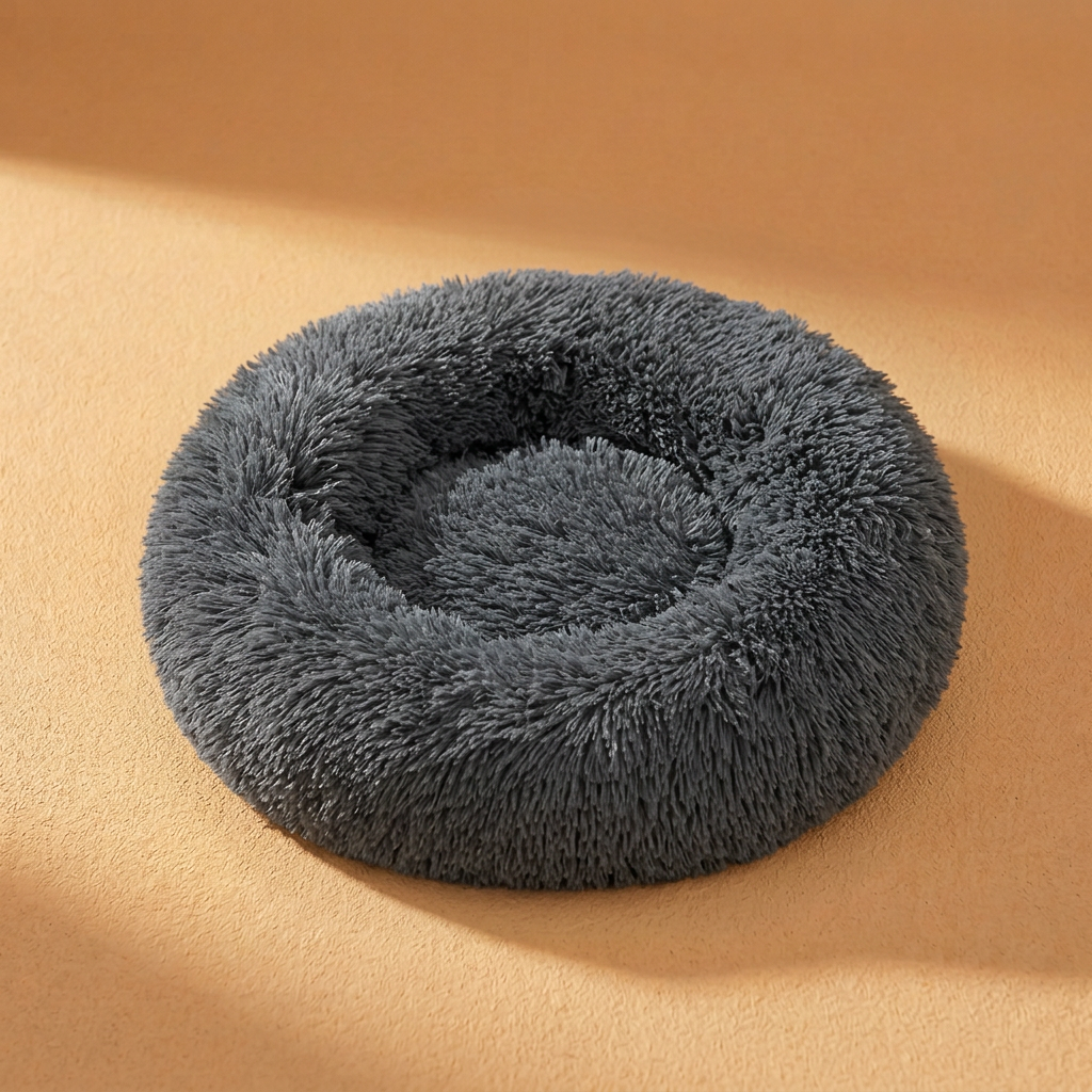 Dark grey dog bed with a warm peach background
