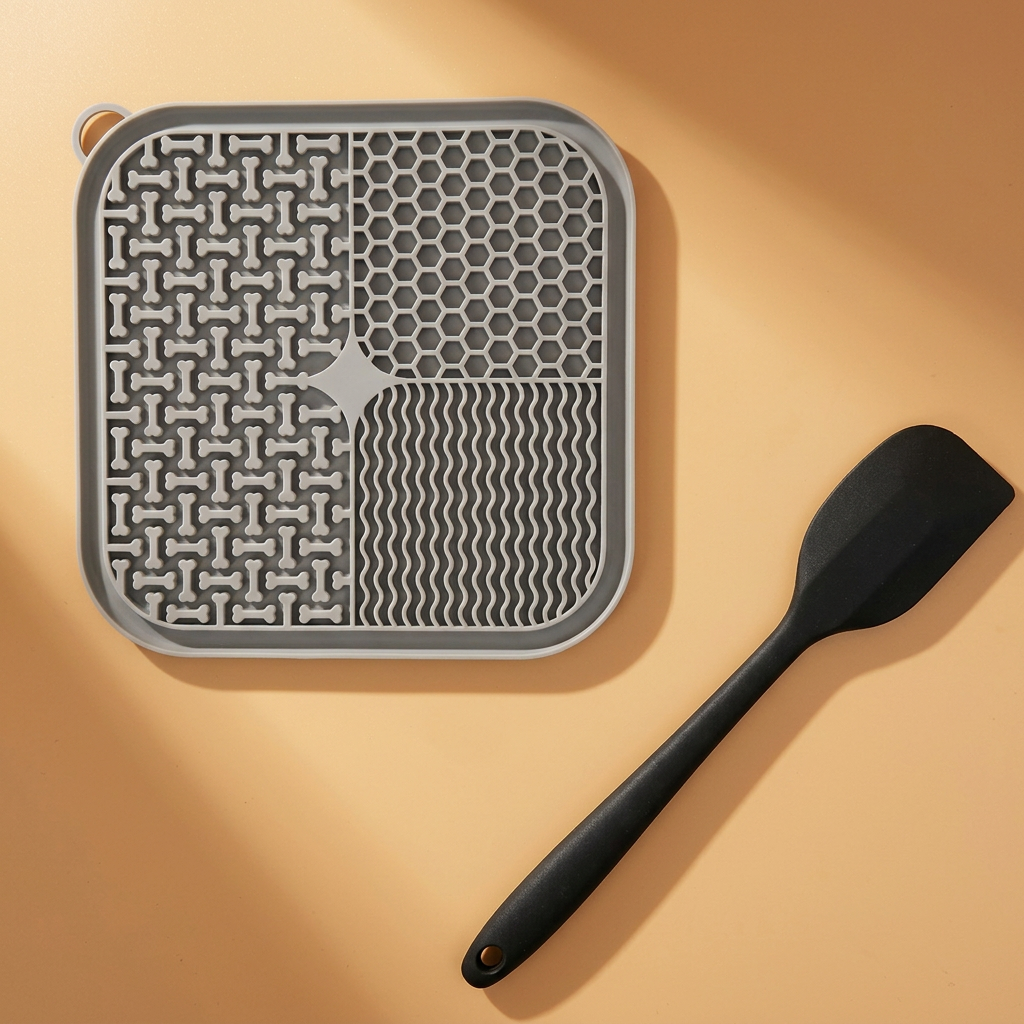 Gray lick mat and black spatula with warm background