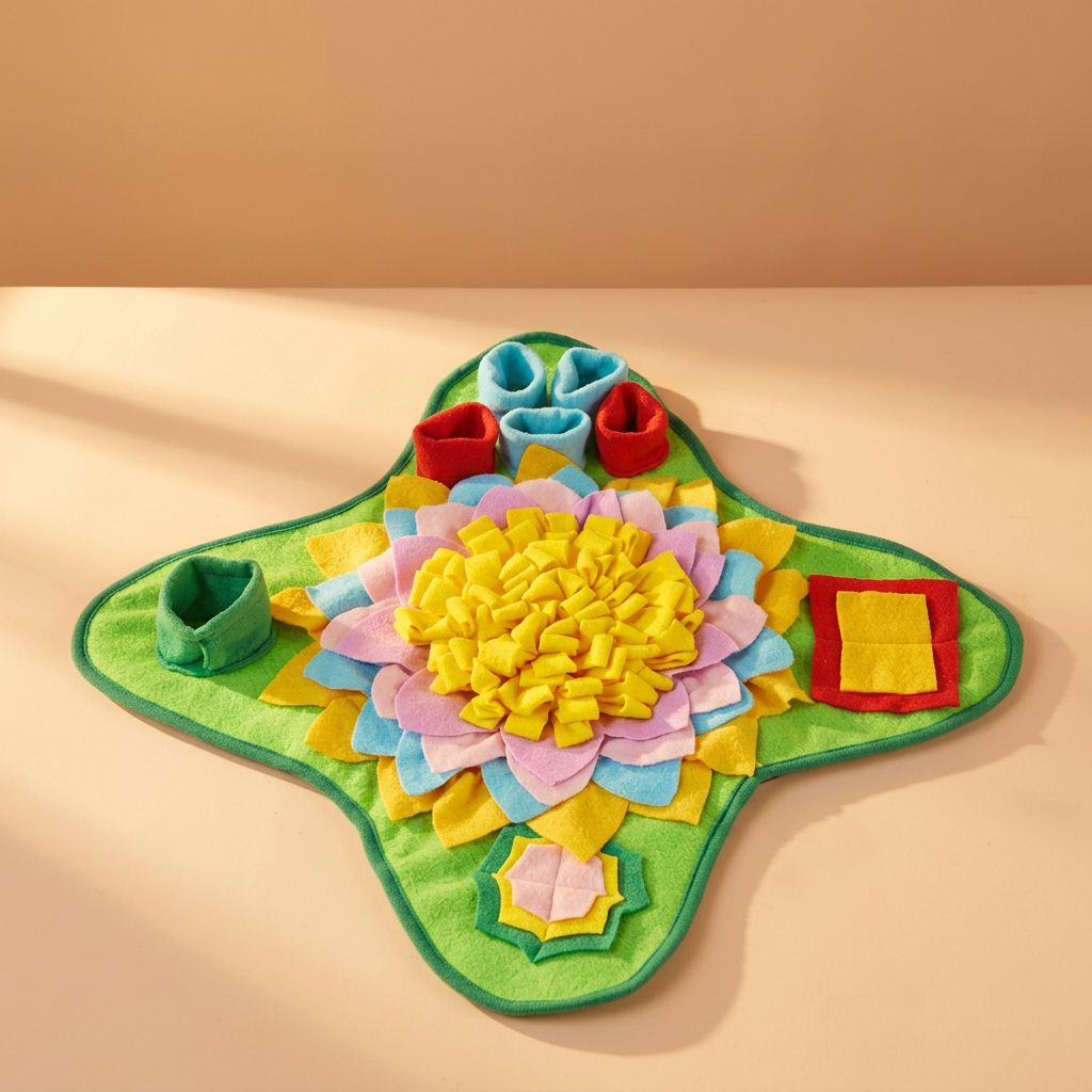 Green snuffle pad on warm peach background