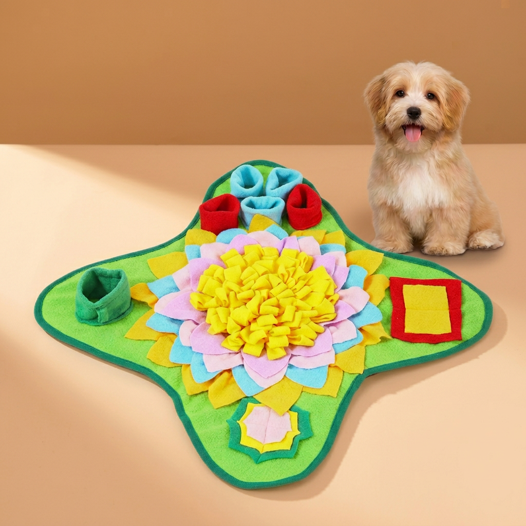 Green snuffle pad with puppy on warm peach background