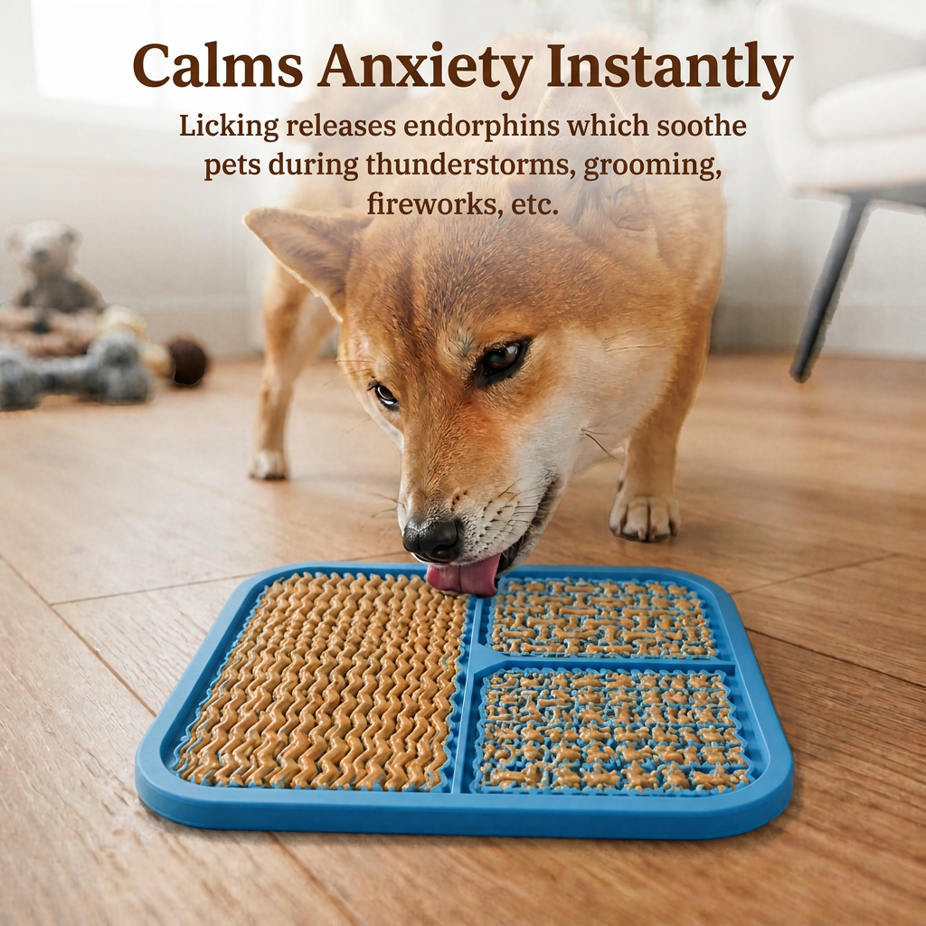 Lick mat calming benefits with matching serif typography