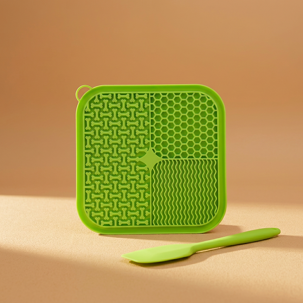 New green lick mat and spatula with warm background