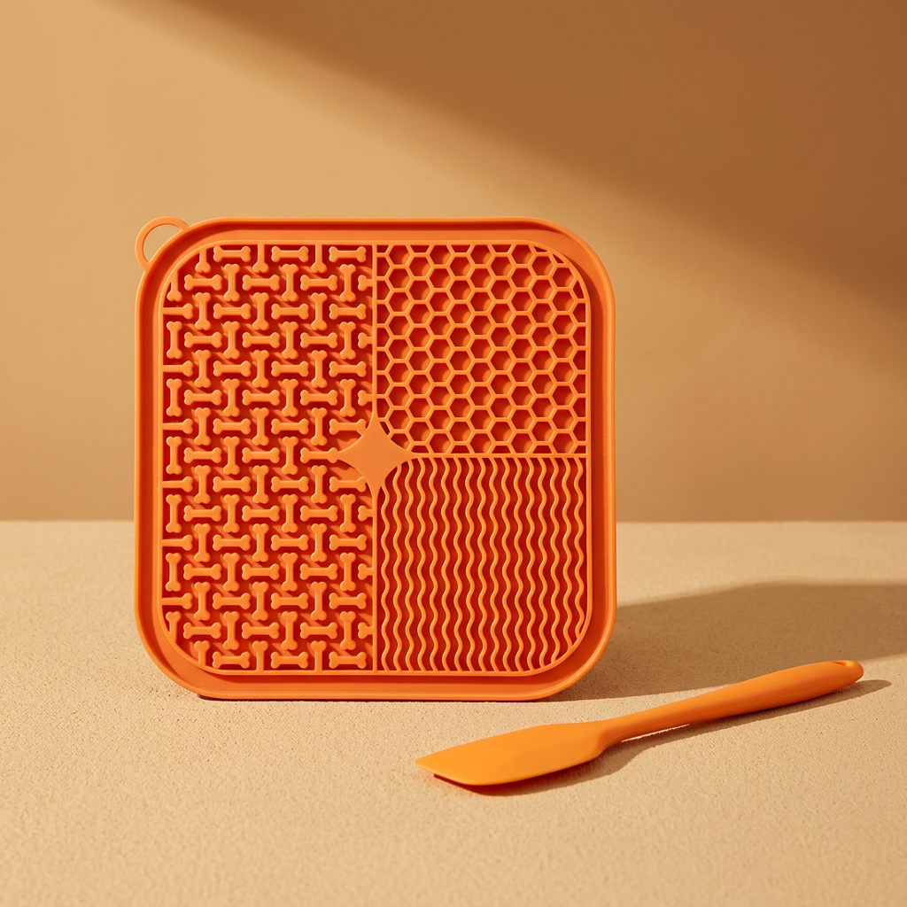 Orange lick mat and spatula with warm background
